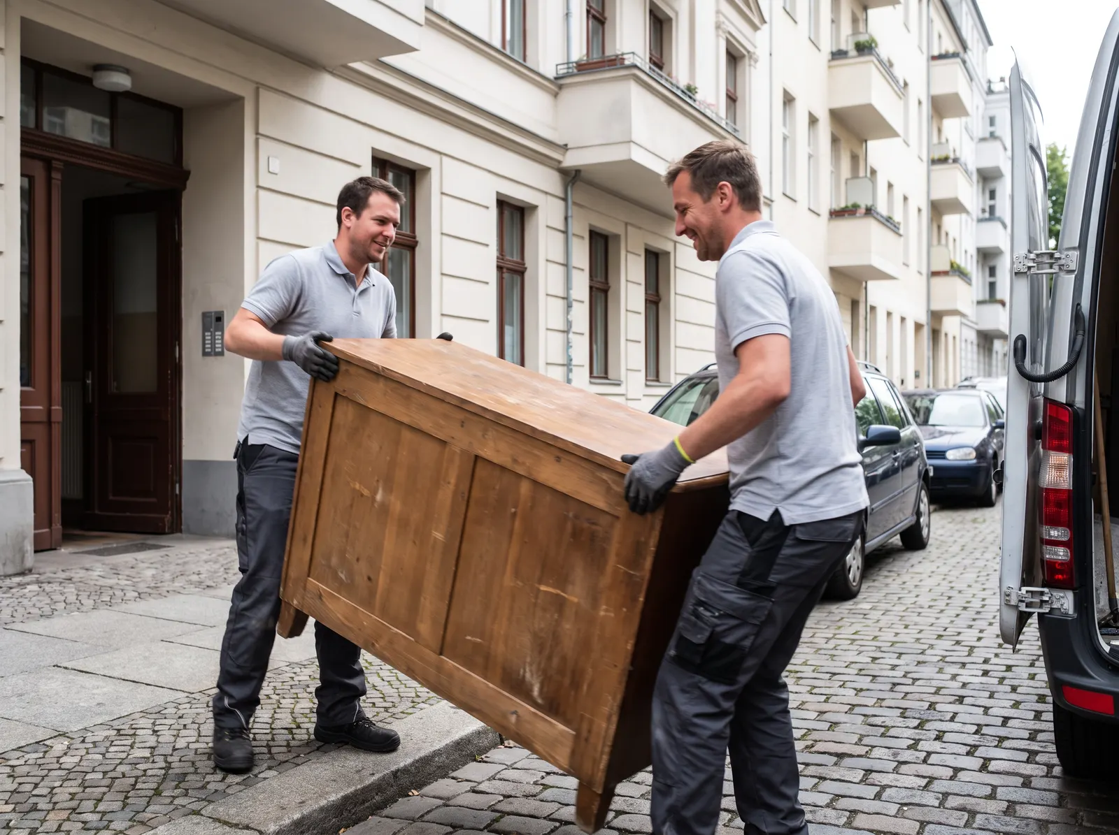Beispielhafte Darstellung: zwei Entrümpler tragen eine Kommode zum Transporter (KI-generierte Visualisierung)